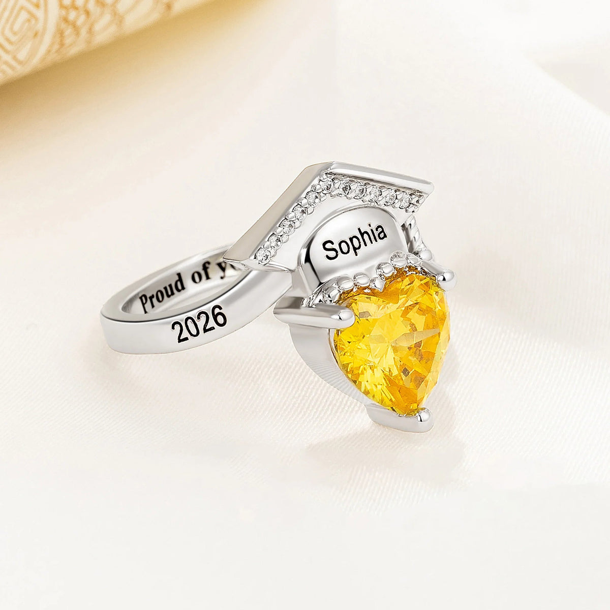 Personalized Zircon Grad Cap Heart Birthstone Ring - Dainty Jewelry Birthday Graduation Gift for Women Graduates