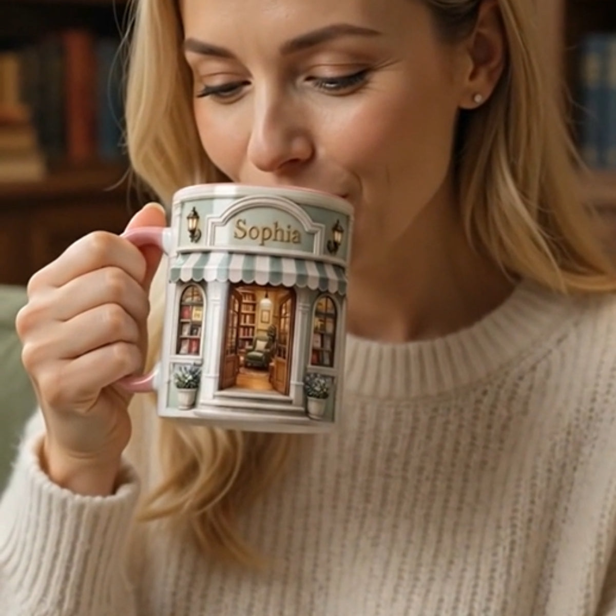 Custom Name Bookstore Mug, Cozy Reader Birthday Gift