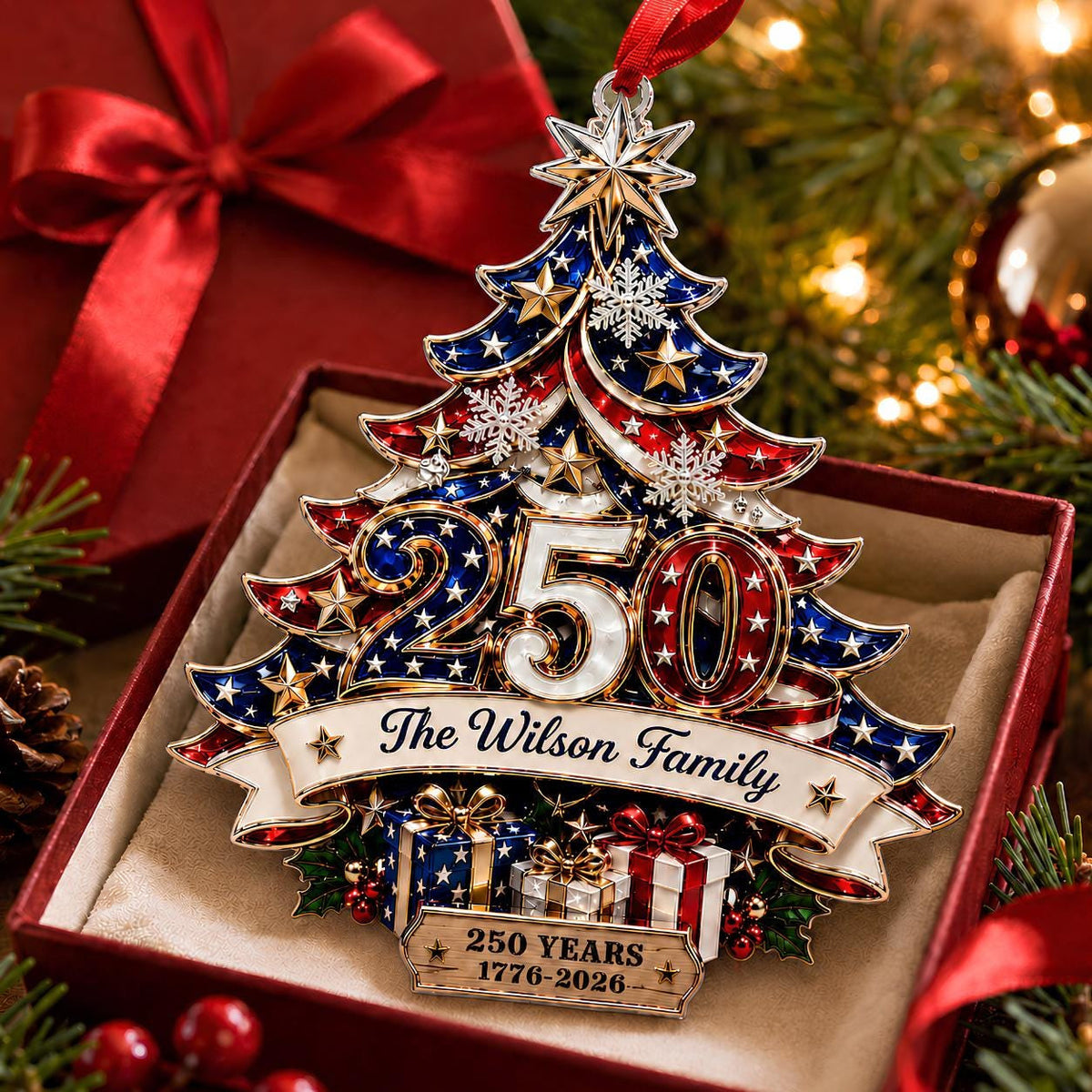 Custom 250th Anniversary Acrylic Ornament, Personalized America Patriotic Family Christmas Tree Decor, 1776-2026 USA Bauble