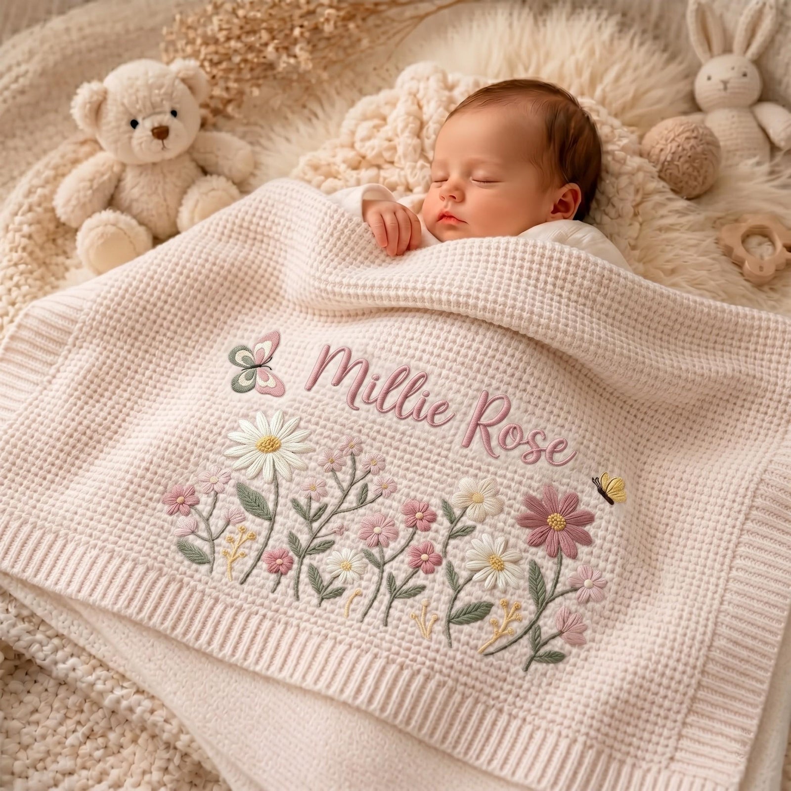 Personalized Floral Embroidered Baby Blanket - Custom Name Knitted Throw