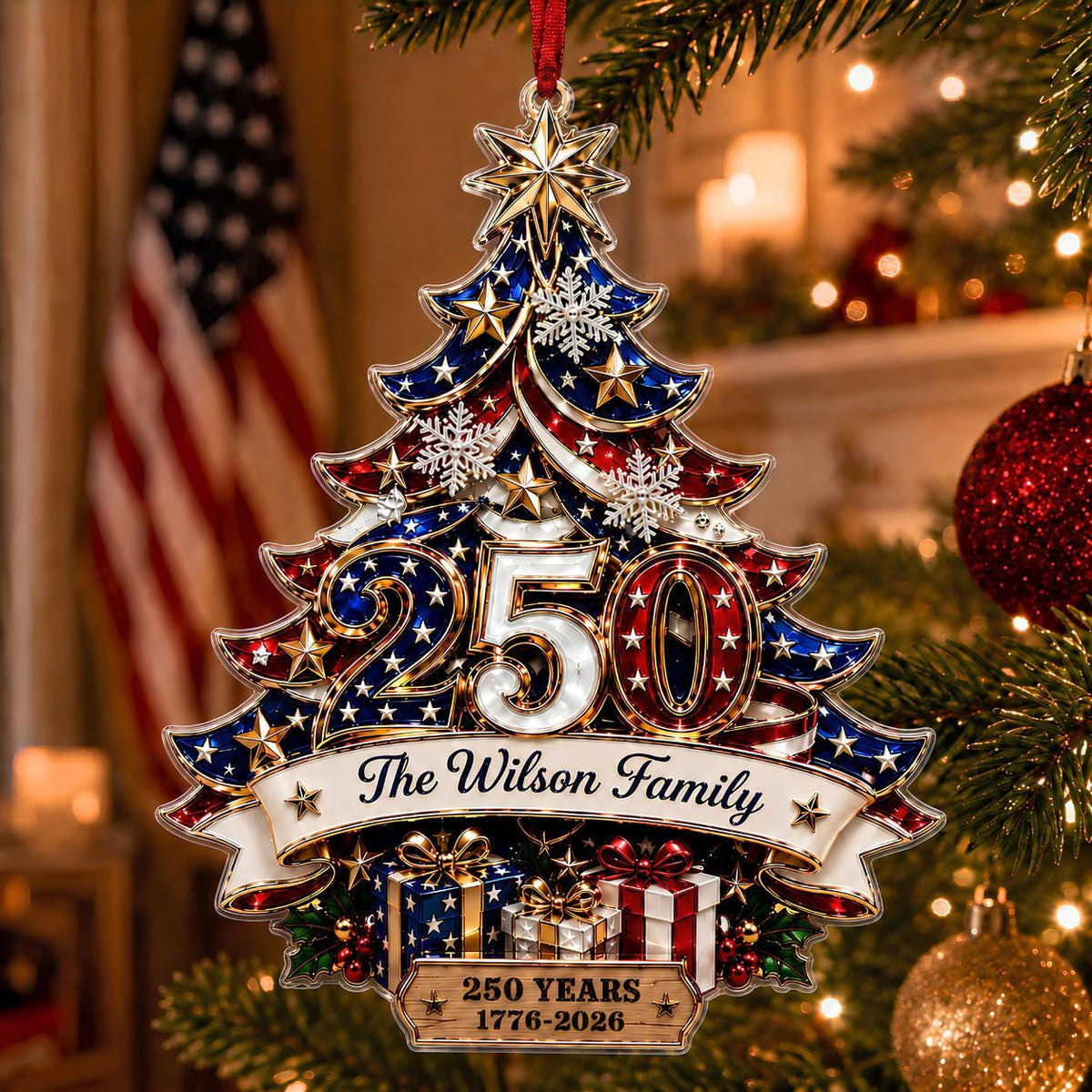 Custom 250th Anniversary Acrylic Ornament, Personalized America Patriotic Family Christmas Tree Decor, 1776-2026 USA Bauble