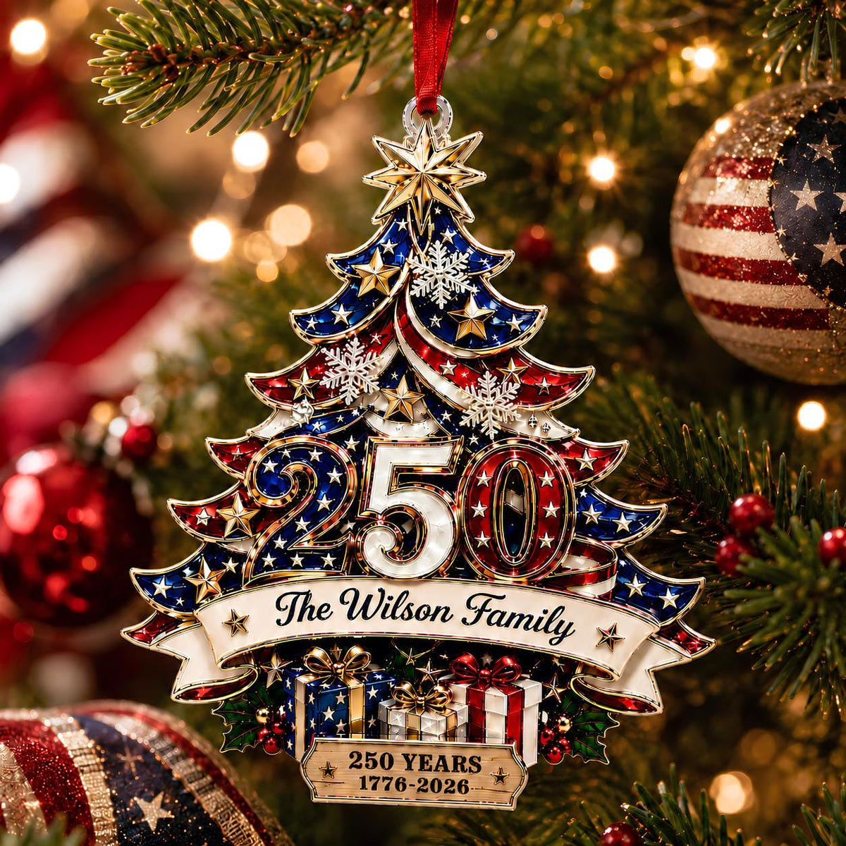 Custom 250th Anniversary Acrylic Ornament, Personalized America Patriotic Family Christmas Tree Decor, 1776-2026 USA Bauble