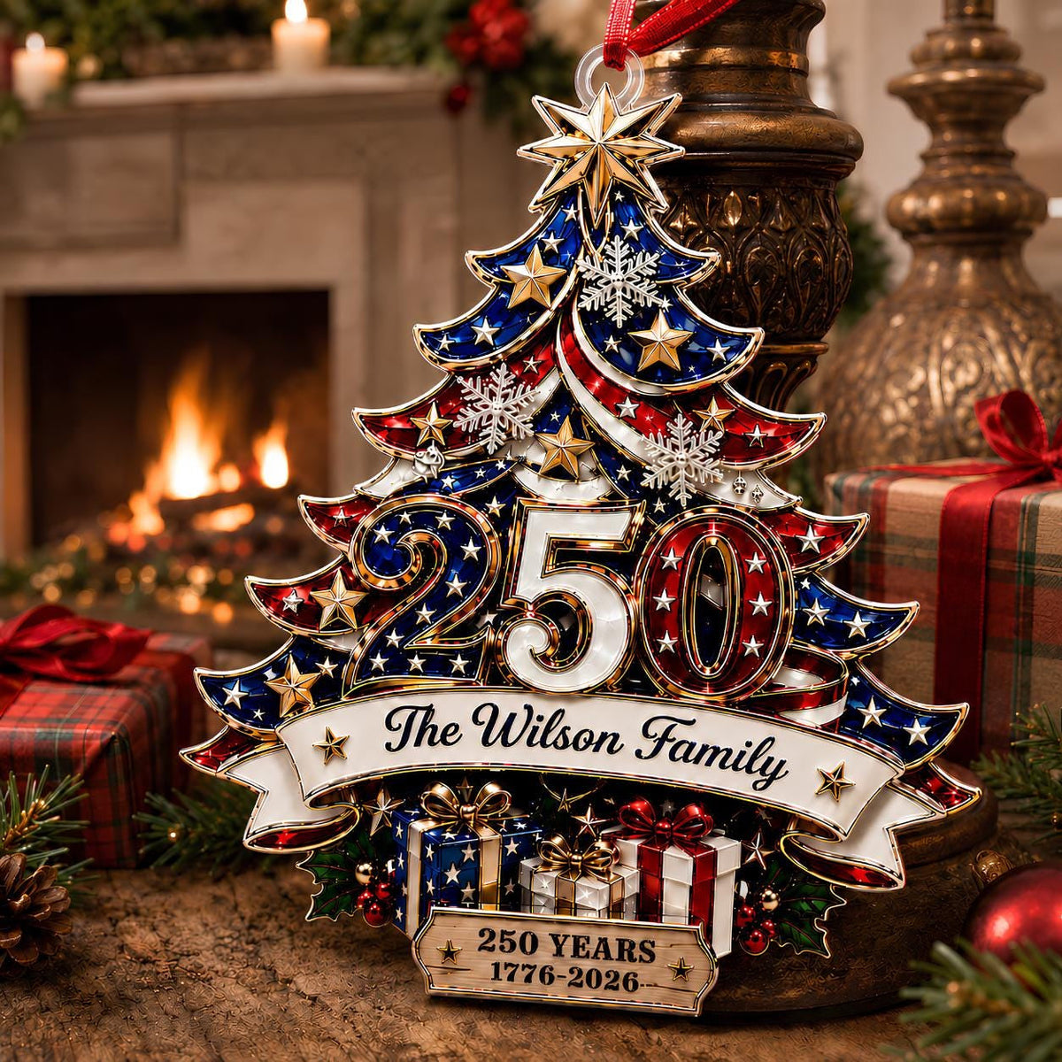 Custom 250th Anniversary Acrylic Ornament, Personalized America Patriotic Family Christmas Tree Decor, 1776-2026 USA Bauble