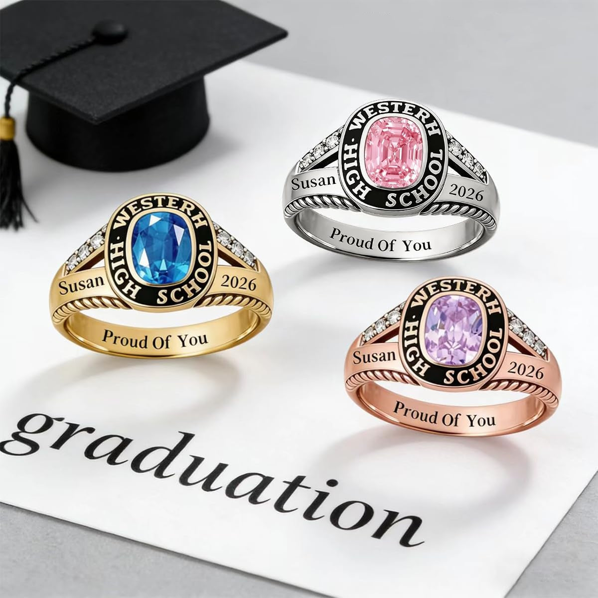 Personalized Graduation Class Birthstone Ring - Graduation Jewelry Gift for Men &amp; Women