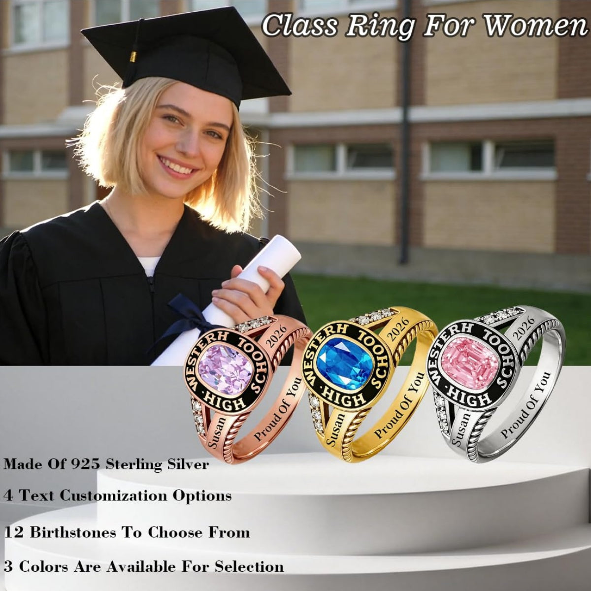Personalized Graduation Class Birthstone Ring - Graduation Jewelry Gift for Men &amp; Women