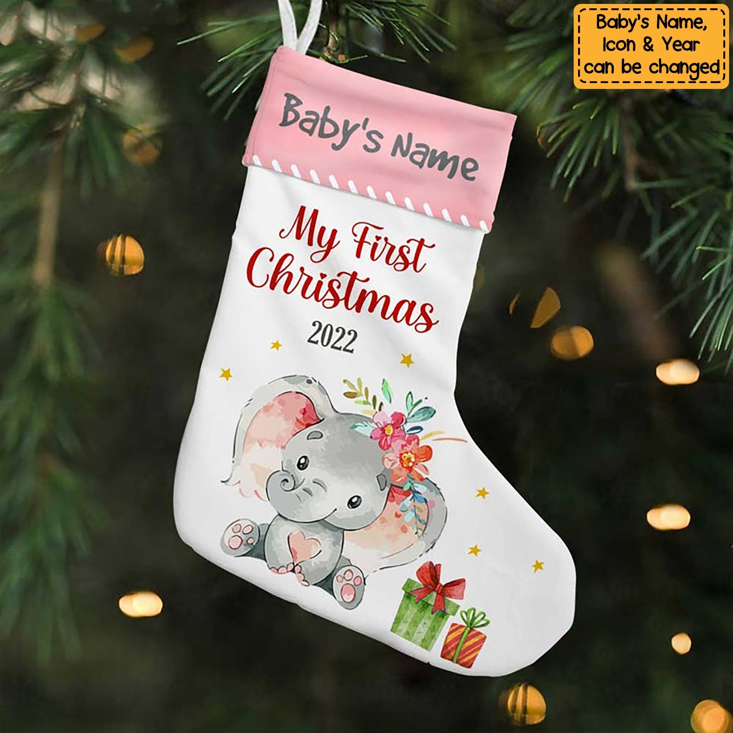 Personalized Elephant Baby First Christmas Stocking