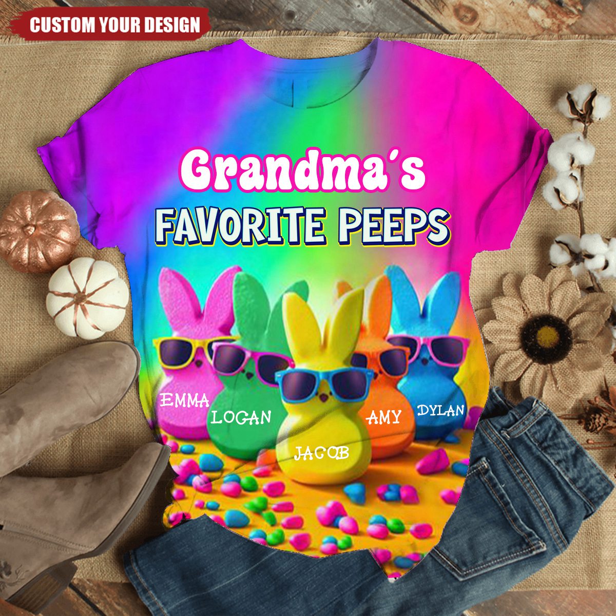 Grandma&#39;s Favorite Rabbit Rainbow Color Personalized 3D T-shirt