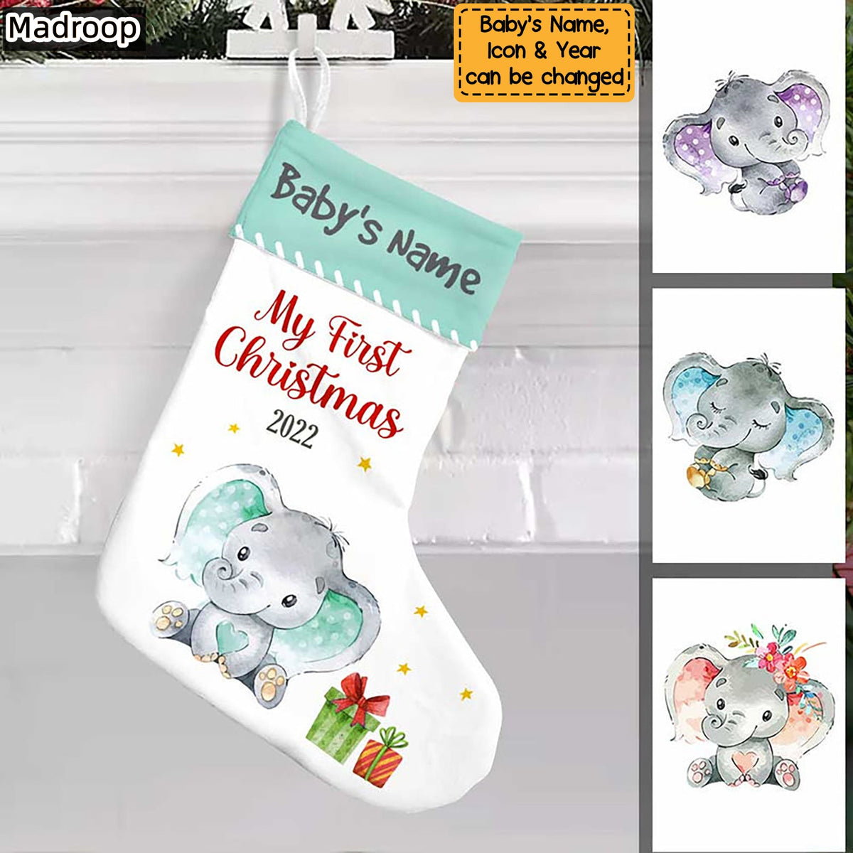 Personalized Elephant Baby First Christmas Stocking