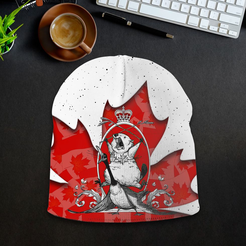 The majestic Canadian beaver riding a goose while wearing a maple leaf bikini Beanie