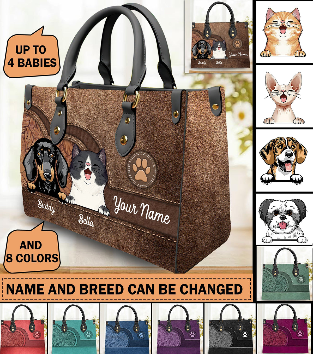 Pets Personalized Leather Handbag(Cat &amp; Dog)