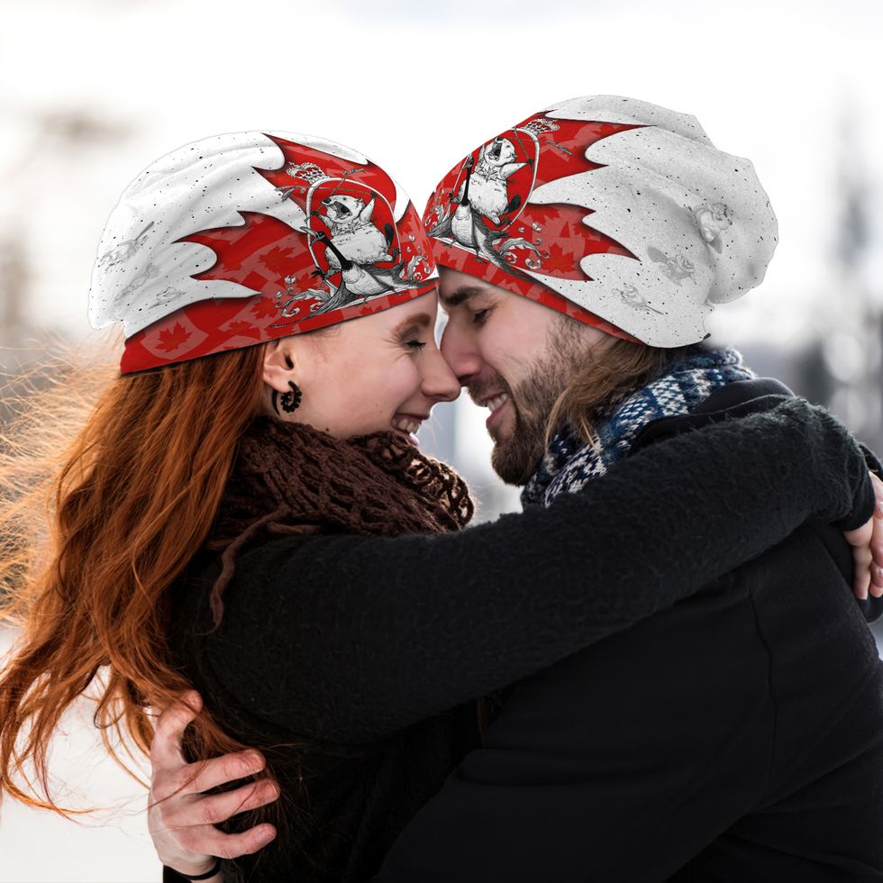 The majestic Canadian beaver riding a goose while wearing a maple leaf bikini Beanie